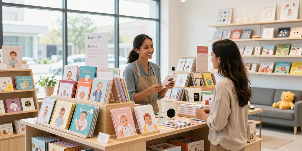 Engaging showcase of Shopware Shops featuring baby albums and unique gift ideas in a vibrant retail environment.