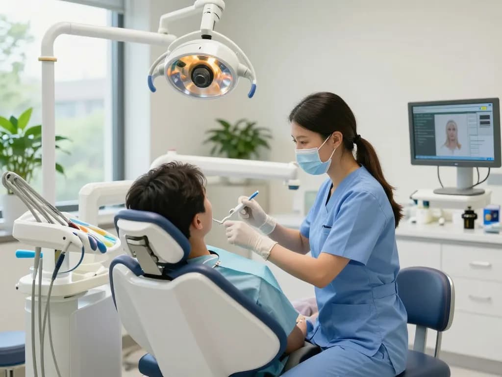 Dental chairs in a modern dental clinic scene showcasing comfort and advanced technology for patient care.