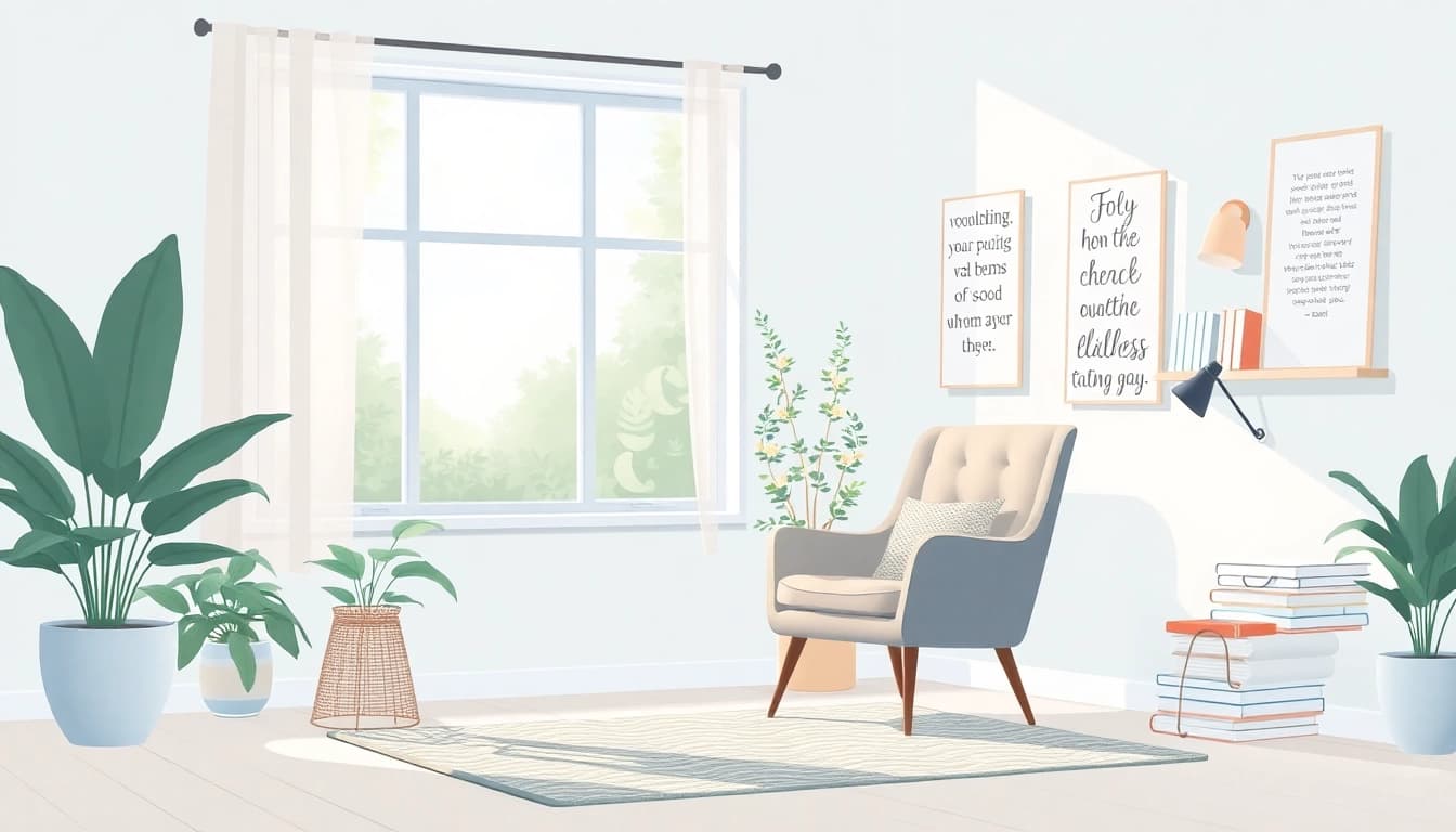 Meditative workspace promoting mental wellness with calming colors and cozy elements.