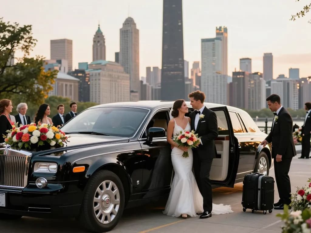 Luxury wedding limo service Chicago IL with couple arriving at venue, vibrant city skyline in background.