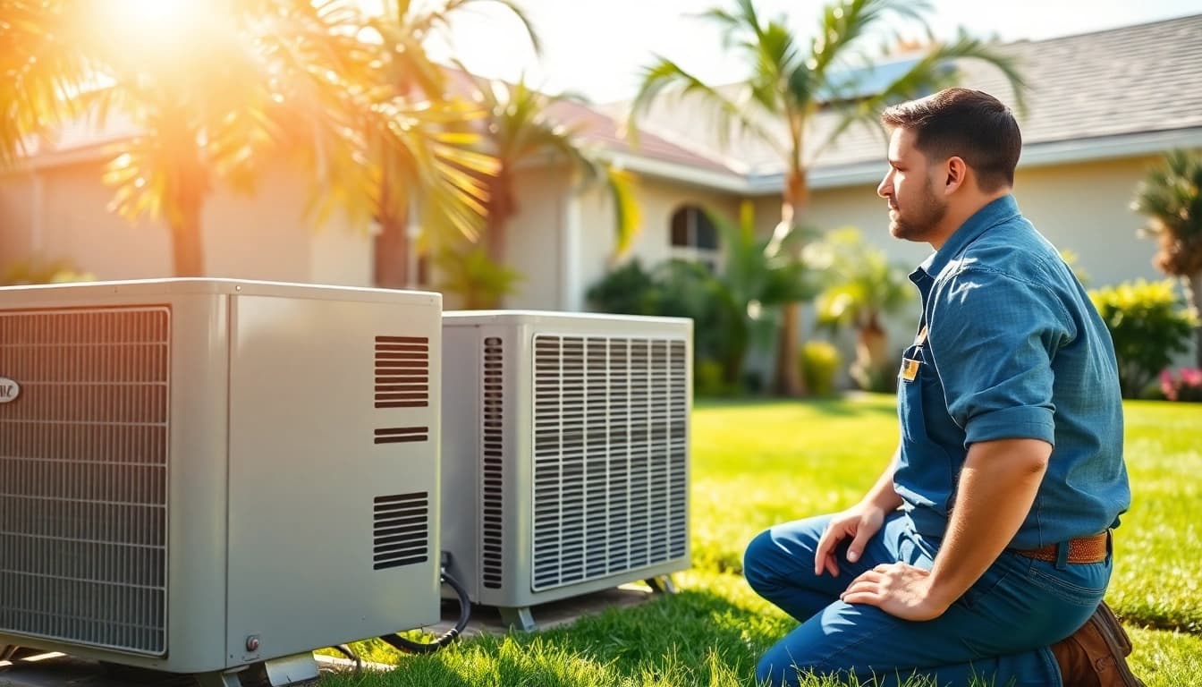 Air Conditioning Repair Tampa: Technician fixing AC unit in a sunny residential setting.