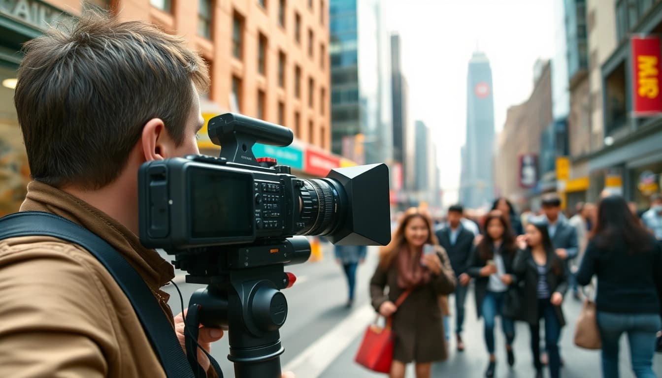 Videographer showcasing Commercial videography in an urban setting with vibrant activity.