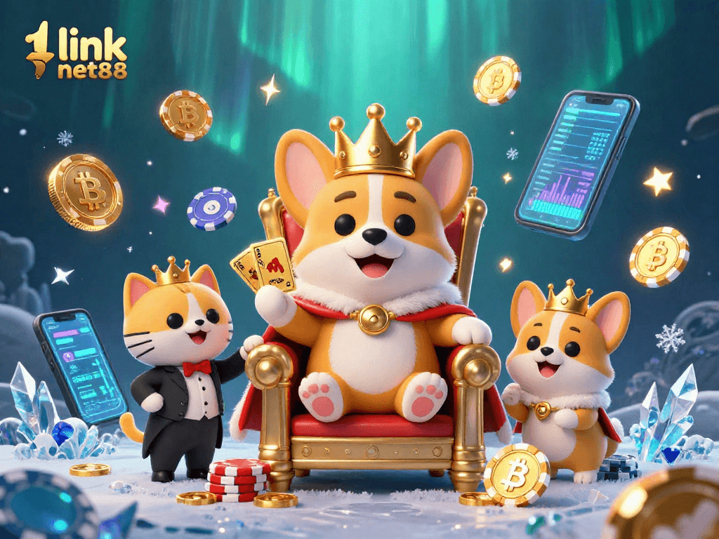 Engage with link net88's vibrant 3D casino scene showcasing a royal corgi on poker chips.
