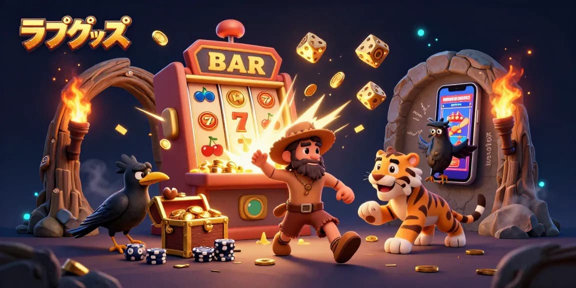 Experience the thrill of ラブグッズ with an enchanting prehistoric casino scene featuring a lively caveman, sabertooth tiger, and clever crow amidst dynamic slot machine action.