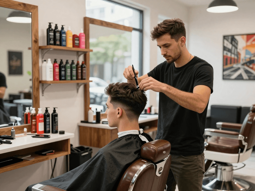 A dynamic barber styling a client's hair at ROKOK88, showcasing modern techniques and vibrant products.