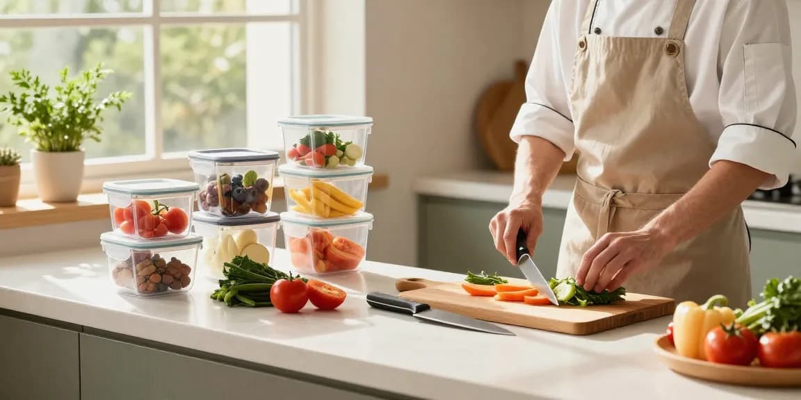 Colorful food storage containers strategically placed in a bright kitchen, perfect for meal prep.