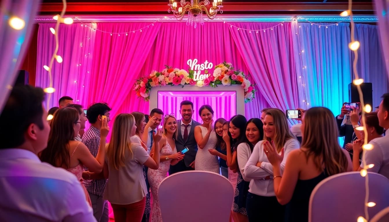 Engaging guests with a photo booth rental at a lively wedding reception, capturing joyful moments.