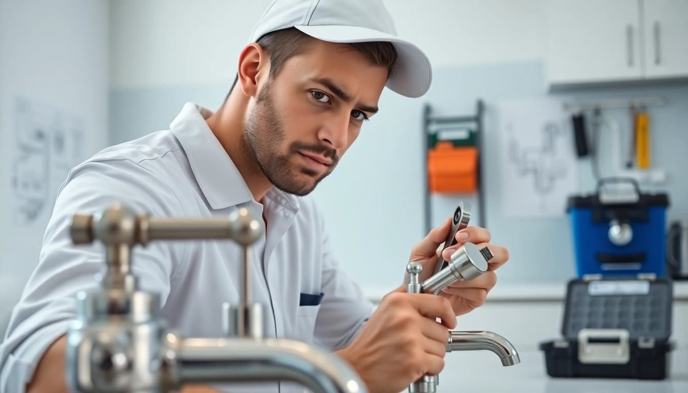 Find a reliable plumber near me fixing faucets in a bright kitchen.