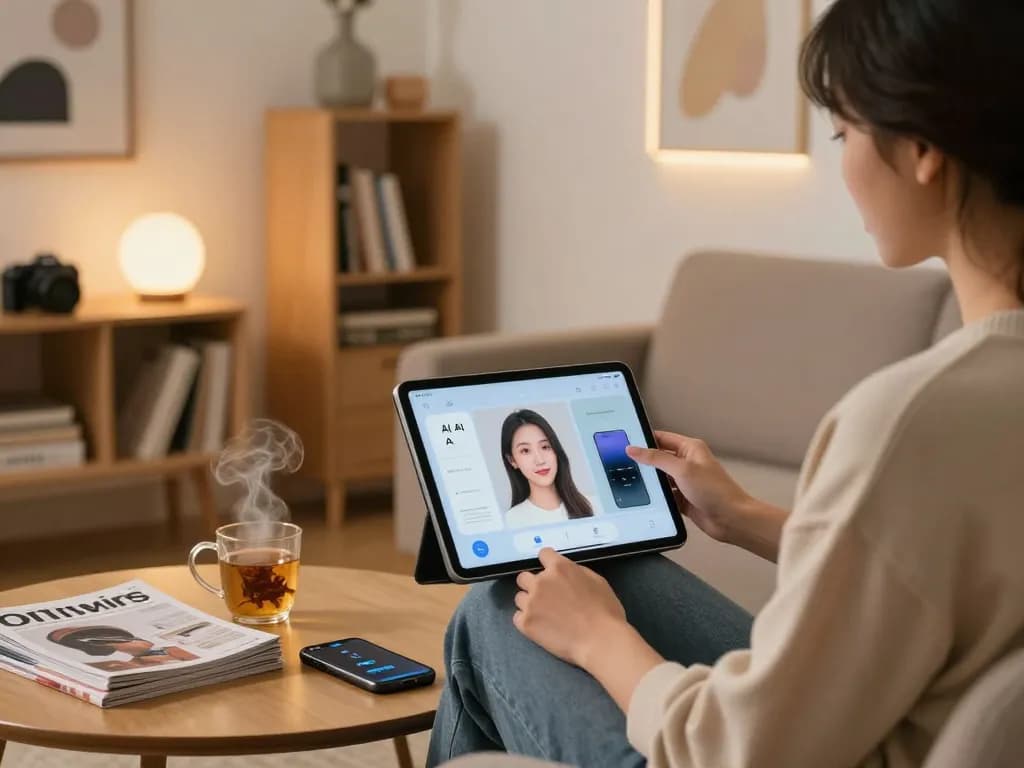 Engaging scene with user interacting with an AI girlfriend app on a tablet, showcasing modern tech lifestyle.
