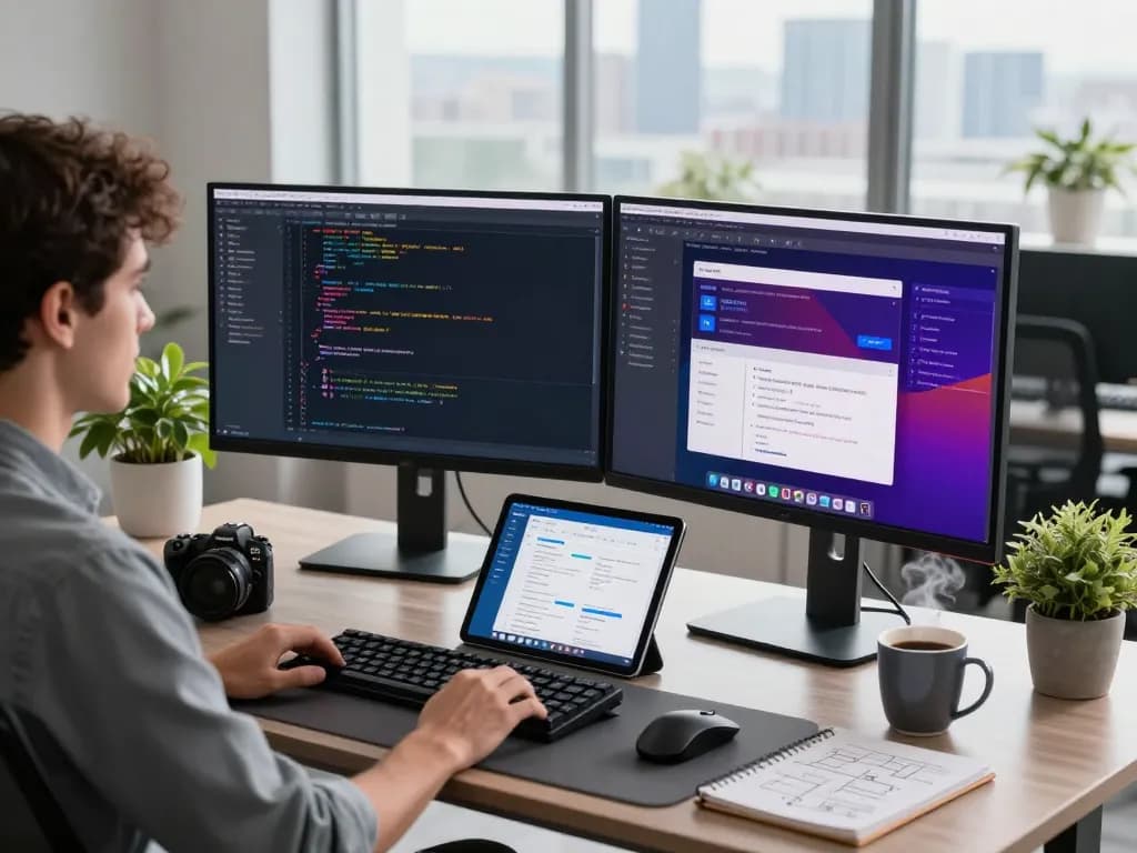Developer working efficiently on automations using make.com in a modern office setting.
