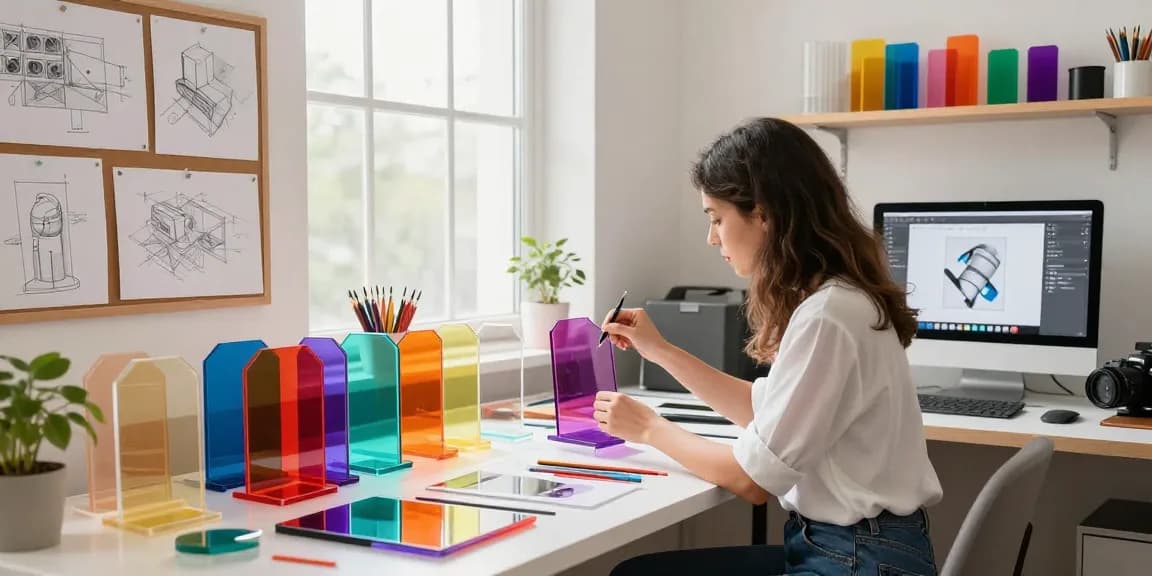Custom acrylic stand being designed in a bright workspace filled with materials and mockups.