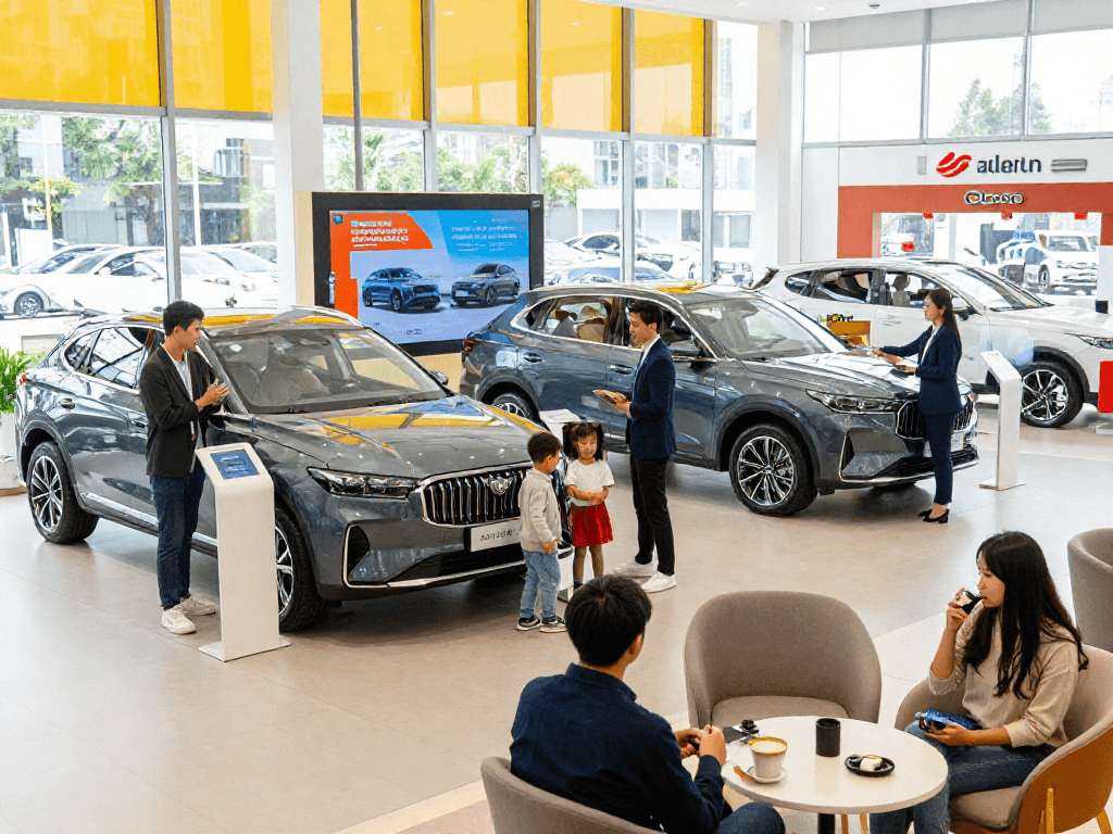 Car dealership scene with diverse customers engaging and learning more here about vehicle options and financing.
