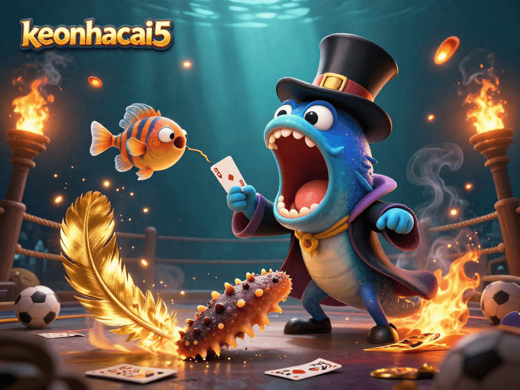 Engage with keonhacai5's thrilling sports betting scene featuring vibrant underwater magic elements and classic betting tokens.