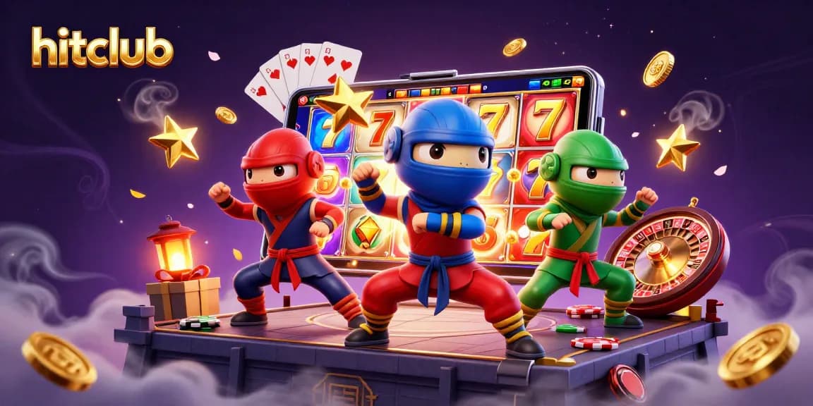 Hitclub chameleons performing martial arts with vibrant slot games and casino elements.