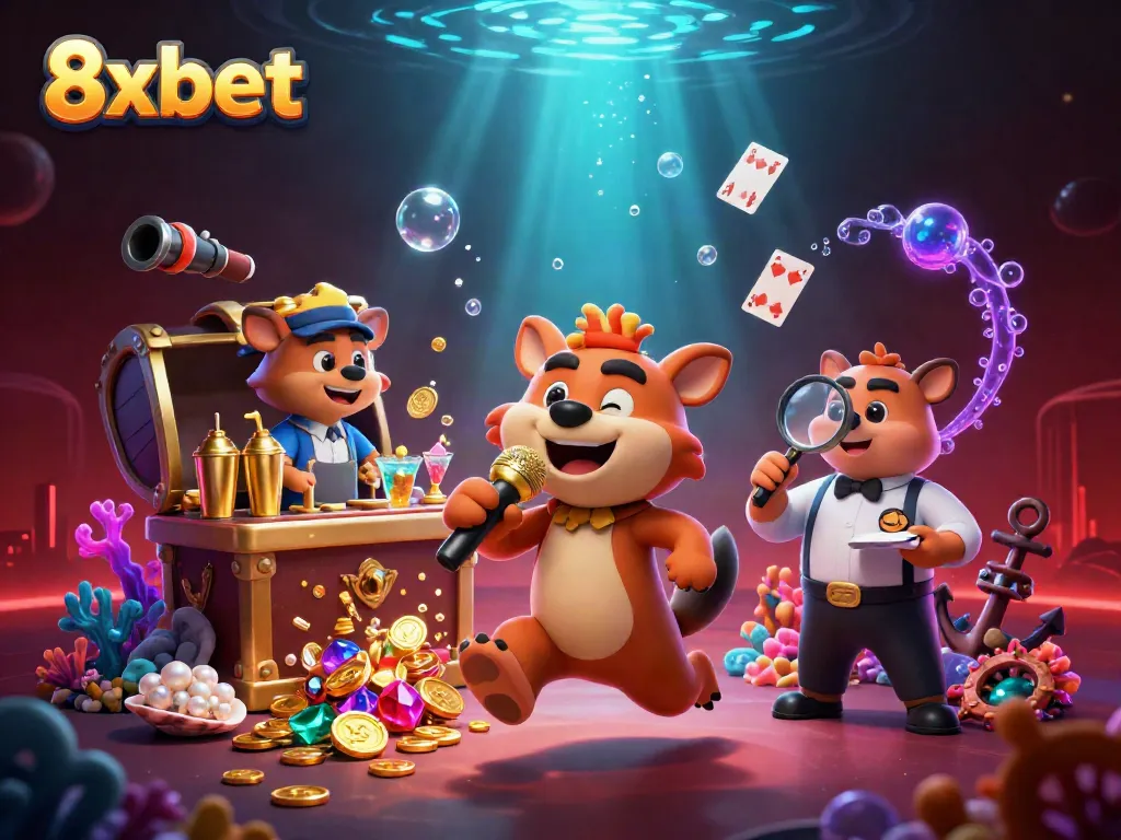 Experience the lively 8xbet casino club with hyena characters indulging in a dynamic gaming atmosphere.