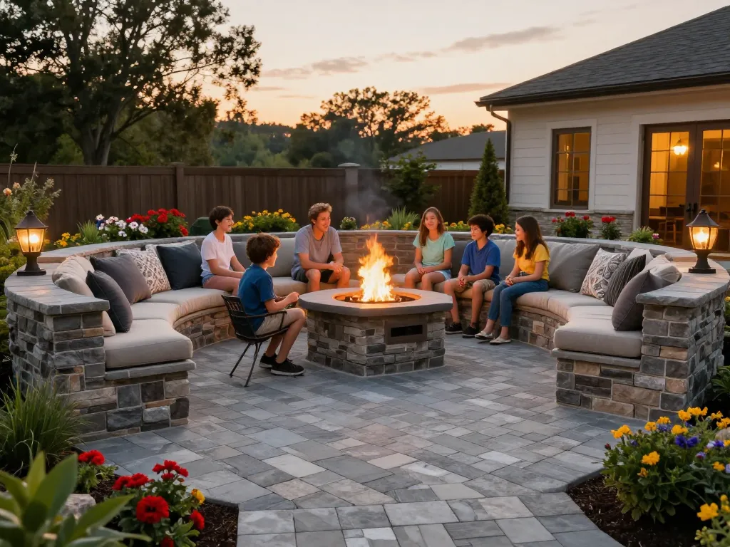 Paver installation near me showcased by a luxurious patio and family gathering around a fire pit.