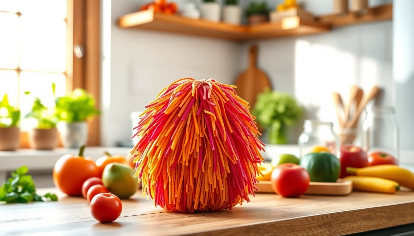 Clean kitchen loofah scrubber surrounded by fresh produce in a sunlit kitchen.