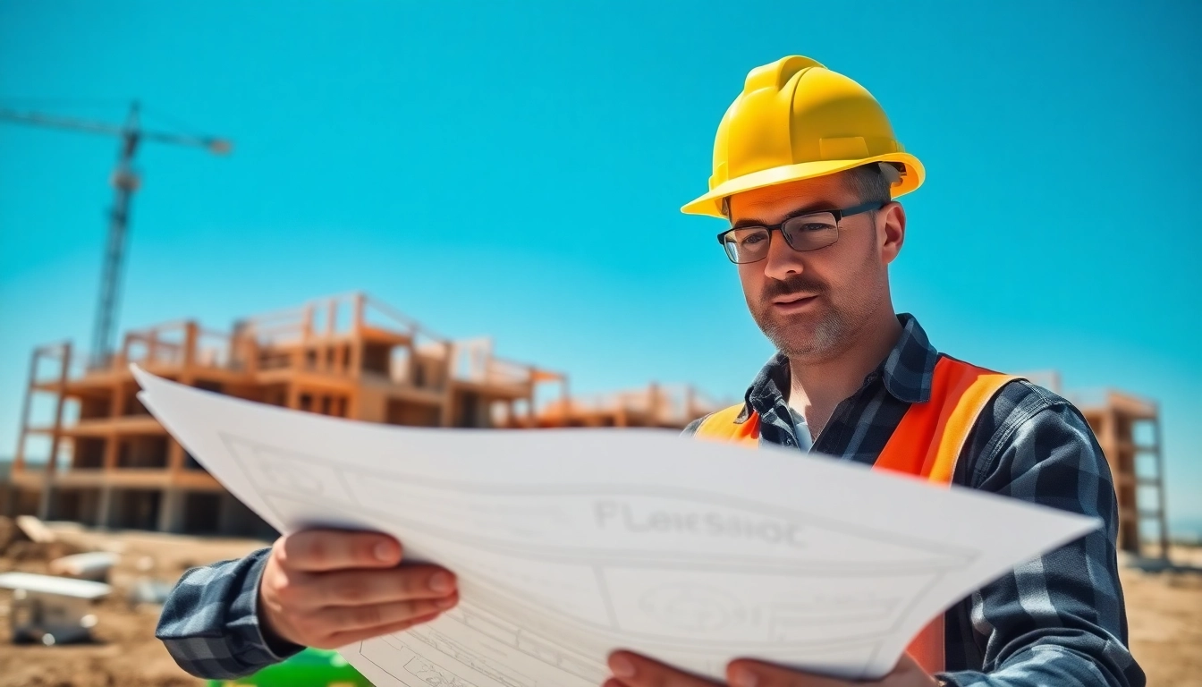 New Jersey Commercial General Contractor analyzing blueprints at a bright construction site.