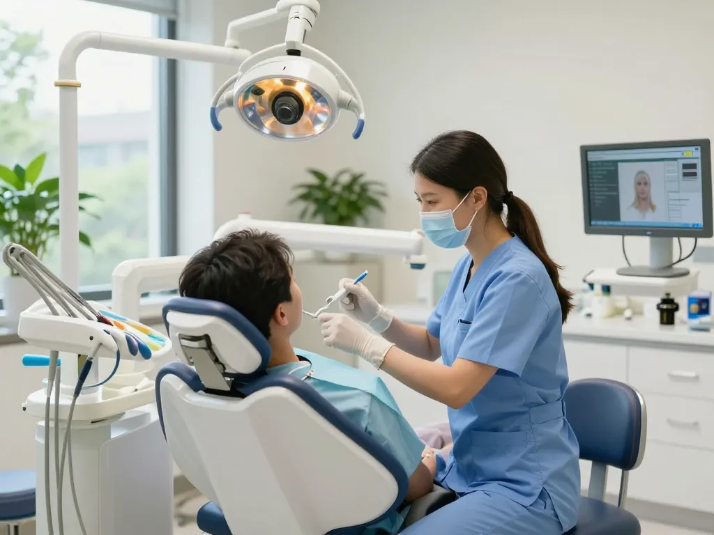 Dental chairs in a modern dental clinic scene showcasing comfort and advanced technology for patient care.