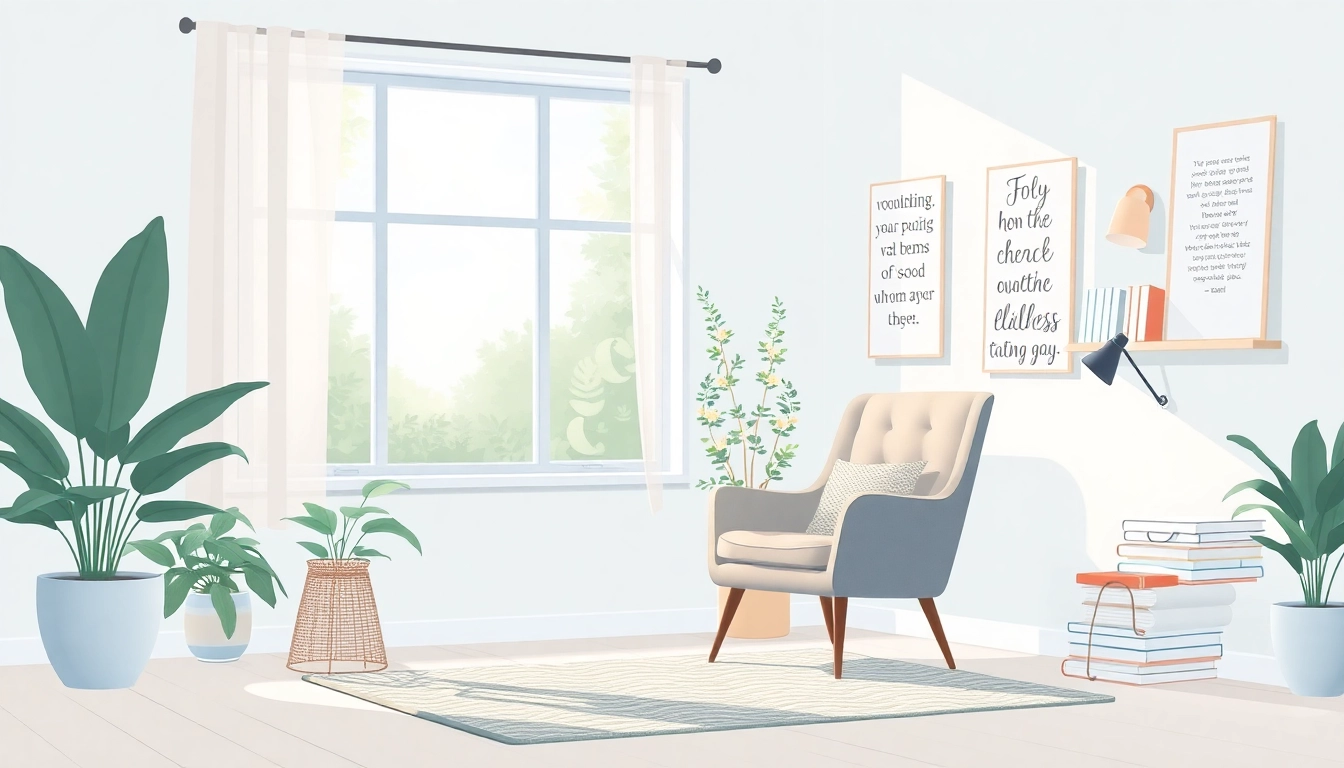 Meditative workspace promoting mental wellness with calming colors and cozy elements.