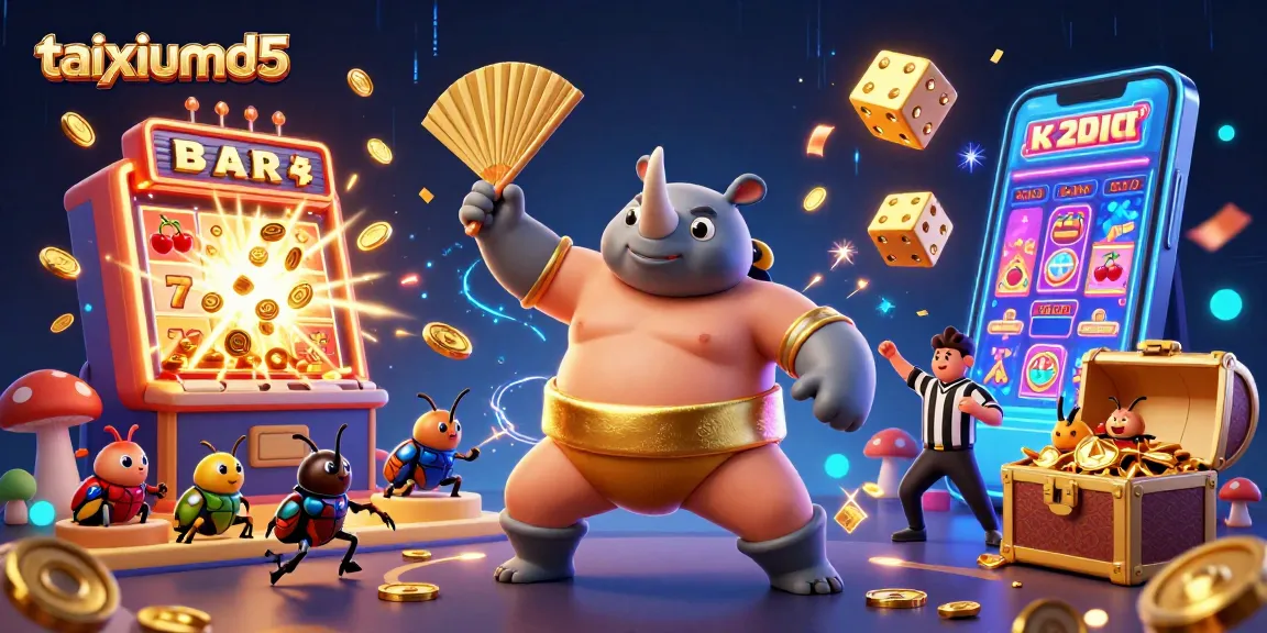Experience the excitement of taixiumd5 as the sumo beetle champion sends coins flying in a vibrant casino scene.