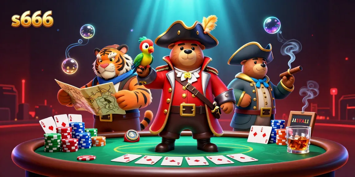 Engage in thrilling poker action at s 666, featuring a pirate captain bear and a fierce tiger amidst vibrant casino elements.