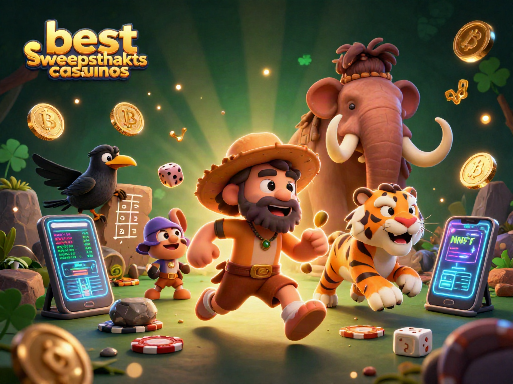 Experience the thrill of best sweepstakes casinos with a playful caveman and tiger duo!