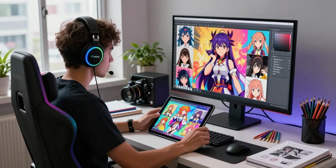 AI ecchi artist designing vibrant characters in a creative studio.