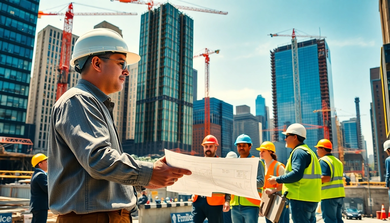 Manhattan Commercial General Contractor reviewing blueprints with a diverse team on a lively Manhattan construction site.