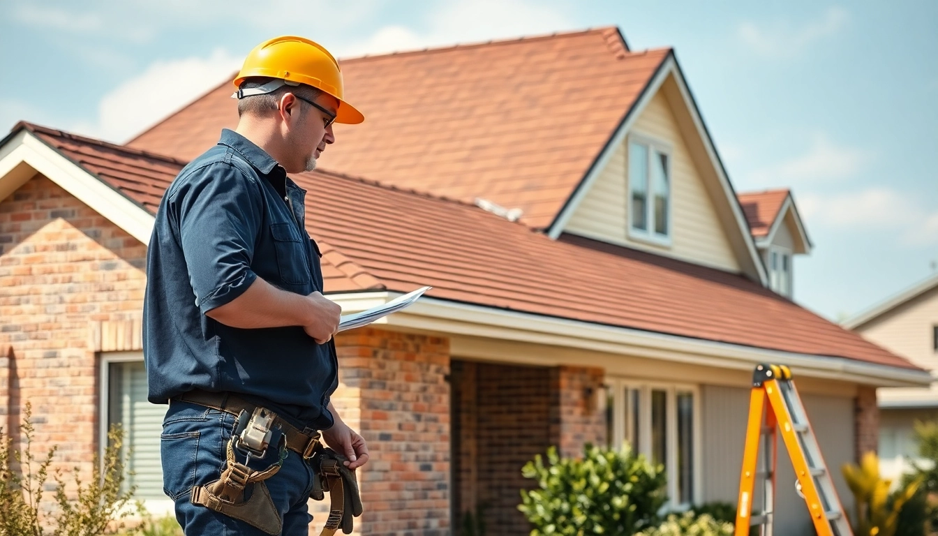 Roofing contractor inspecting a residential roof, showcasing expertise and quality workmanship.
