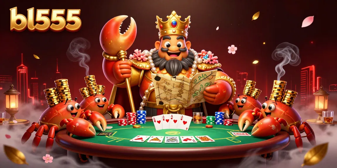 Experience the exciting world of bl555 with a golden crab emperor leading a vibrant 3D casino scene.