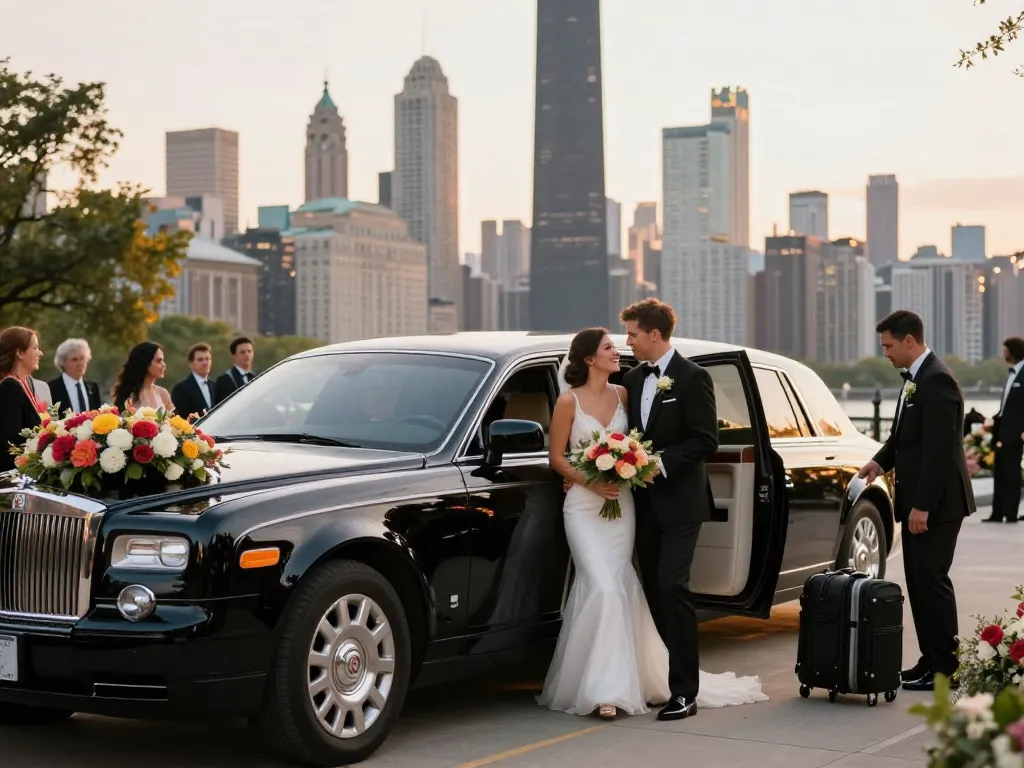 Luxury wedding limo service Chicago IL with couple arriving at venue, vibrant city skyline in background.