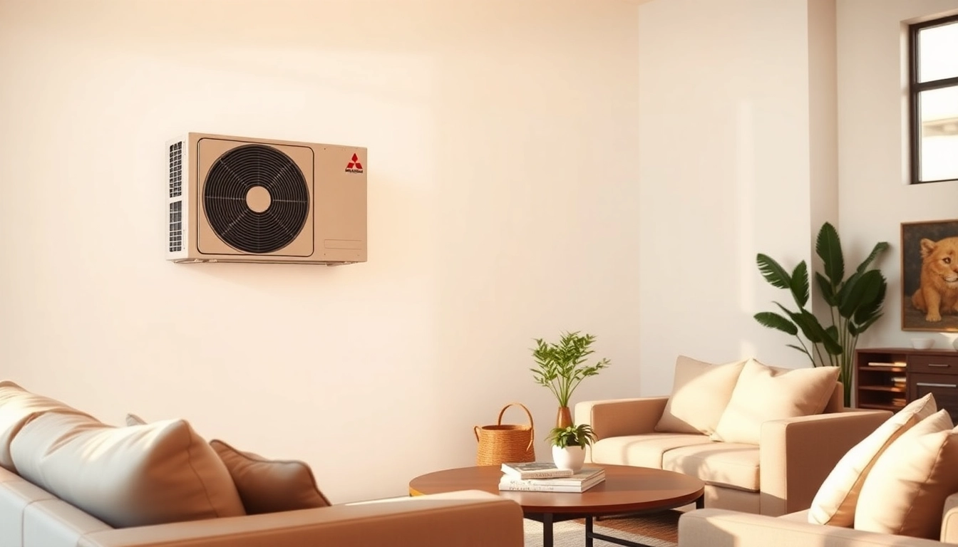 Mitsubishi mini split AC installed stylishly in a modern living room, enhancing comfort and aesthetics.