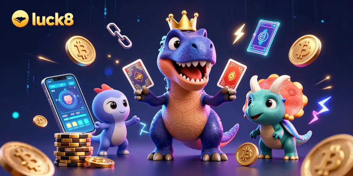 Luck8 captures T-Rex shuffling cards and a triceratops stacking chips in a vibrant casino scene.