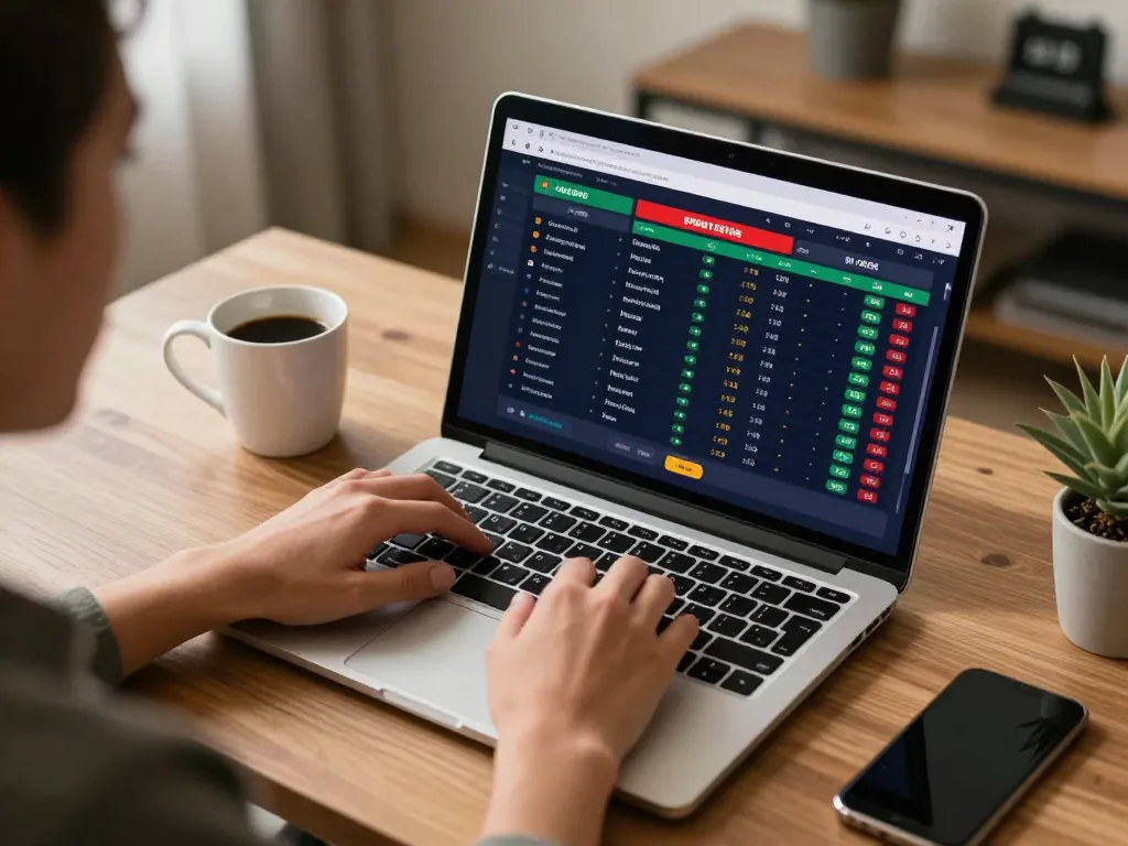 Cá cược với 12bet trên máy tính xách tay trong một không gian văn phòng ấm cúng, thể hiện tỷ lệ cược thể thao trực tiếp.