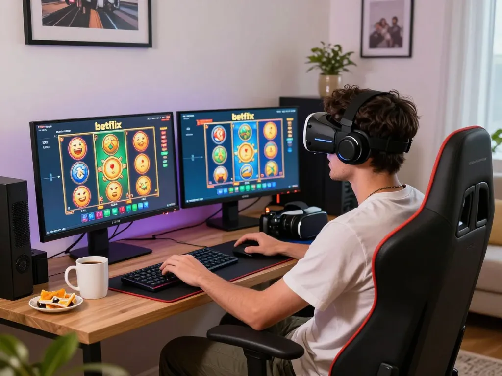Exciting betflix slot gaming experience with player in modern home setup, showcasing vibrant game displays and inviting atmosphere.