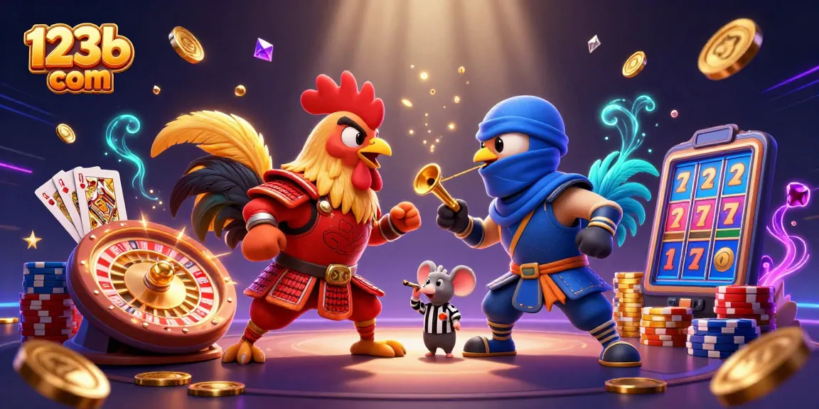 Experience the excitement of 123b com with twin roosters in dynamic standoff amidst cascading casino elements.