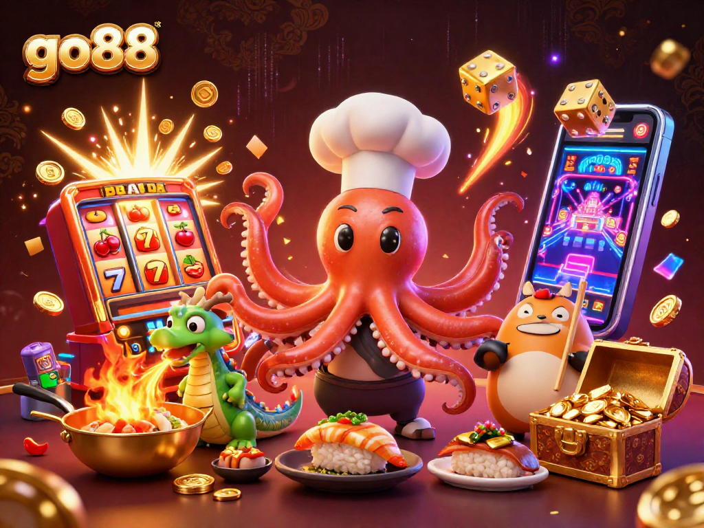 Get ready to win big with go88, featuring a sushi chef octopus and friends in a dynamic casino scene.