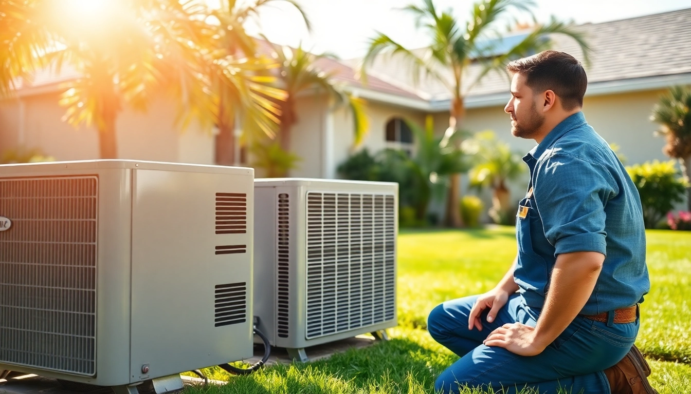 Air Conditioning Repair Tampa: Technician fixing AC unit in a sunny residential setting.