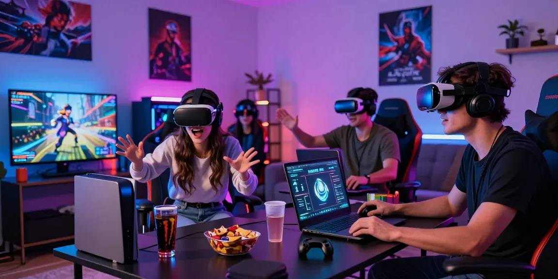 Diverse gamers enjoying nsfw ai virtual reality gaming experience in a vibrant, tech-savvy home.