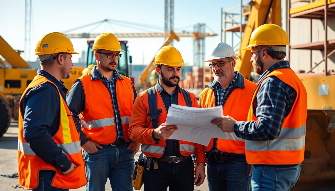 Construction labor compliance in action with workers and machinery at a construction site.