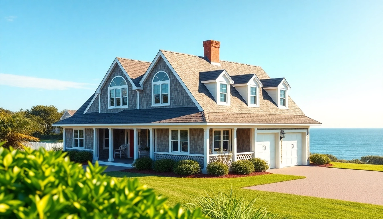 Cape Cod homes with an attached garage amidst lush landscaping and a coastal backdrop.