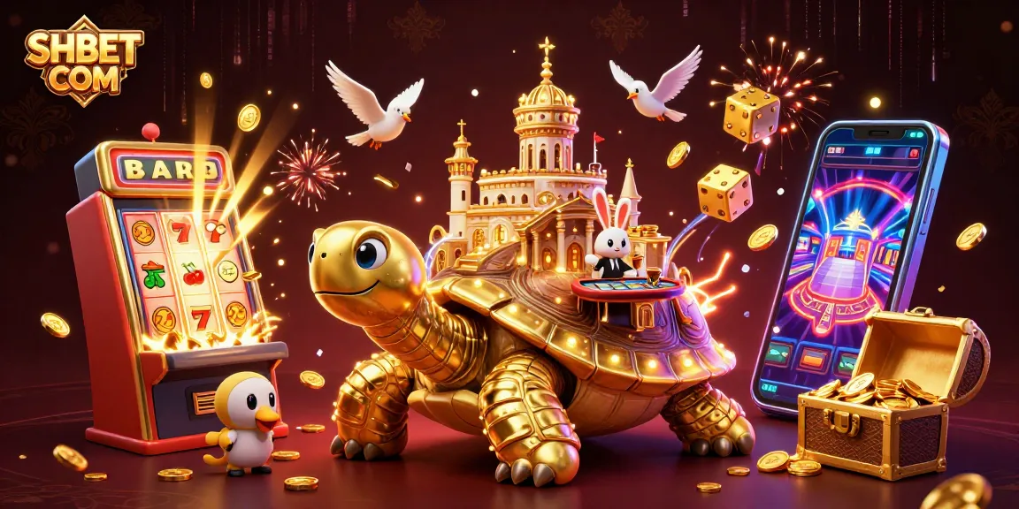 SHBET COM showcases a vibrant casino scene with a tortoise palace and dynamic game elements.