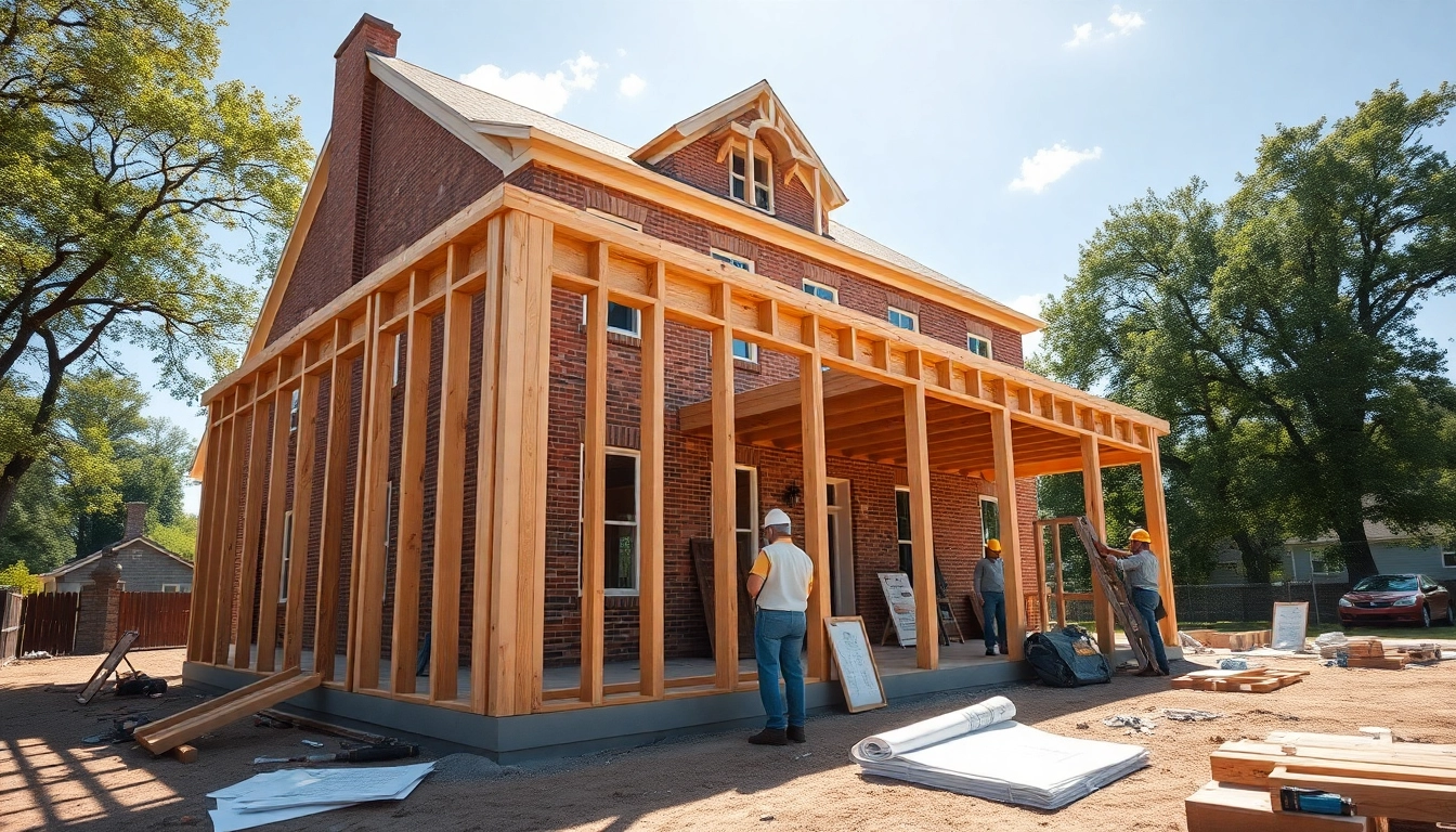 Illustration of colonial home construction site demonstrating traditional architecture and skilled craftsmanship.