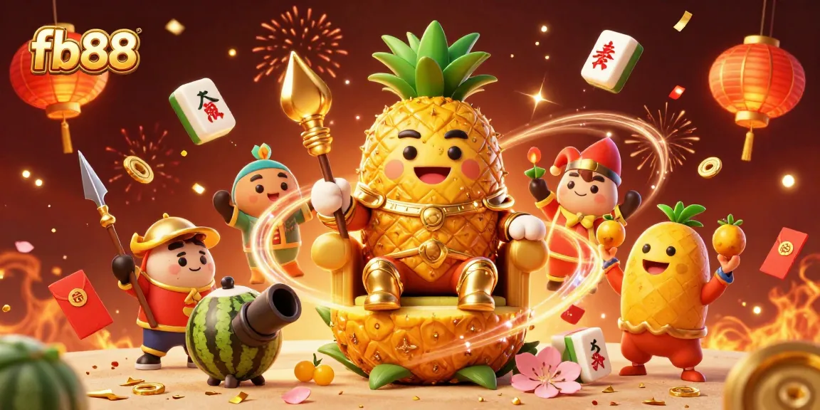Experience exciting gameplay at fb88 with a vibrant casino scene featuring a pineapple king and festive game elements.