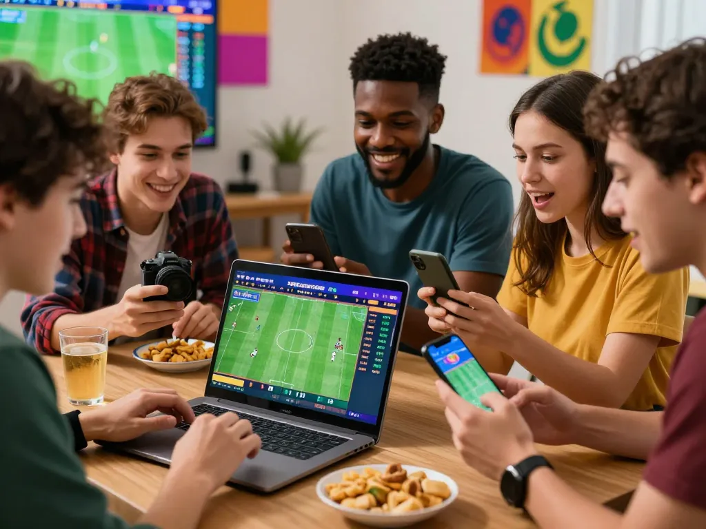 Exciting online betting scene showcasing friends discussing football odds at https://okfun.onl/ with engaging digital displays.