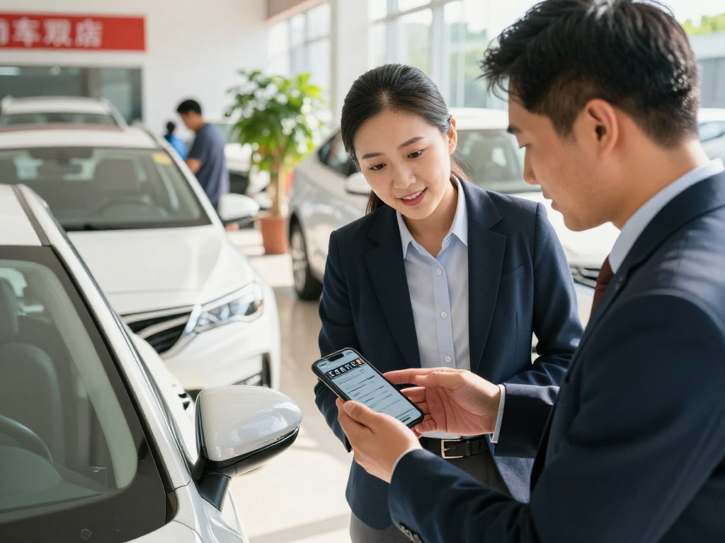 Potential buyer checks Carfax VIN report during dealership visit