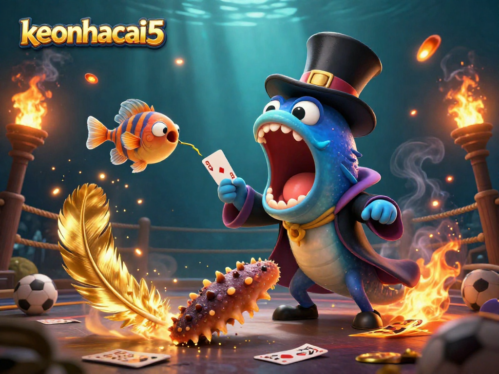 Engage with keonhacai5's thrilling sports betting scene featuring vibrant underwater magic elements and classic betting tokens.