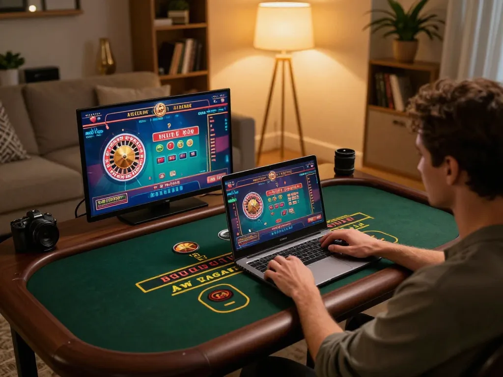 Engaging in live dealer games at FC88 from a stylish home setup, showcasing luxury online gaming.