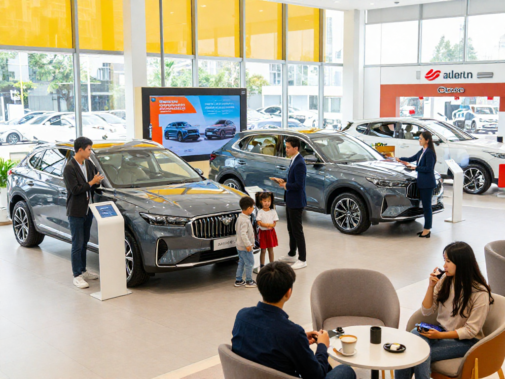 Car dealership scene with diverse customers engaging and learning more here about vehicle options and financing.